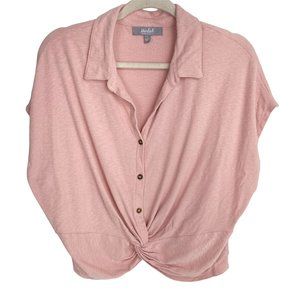 Marled Essentials Pink Knit Button Up Short Sleeve Crop Sweater L